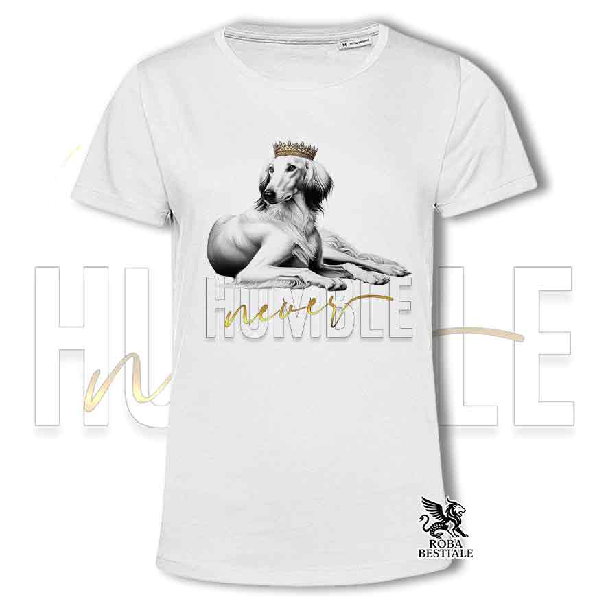 T-shirt stampata con un Saluki, colore bianco con grafica Never Humble