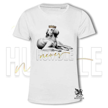 T-shirt stampata con un Saluki, colore bianco con grafica Never Humble