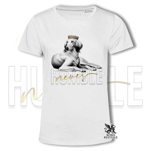 T-shirt stampata con un Saluki, colore bianco con grafica Never Humble