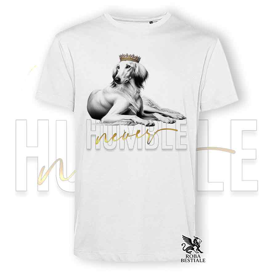 T-shirt stampata con un Saluki, colore bianco con grafica Never Humble