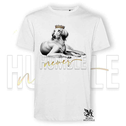 T-shirt stampata con un Saluki, colore bianco con grafica Never Humble
