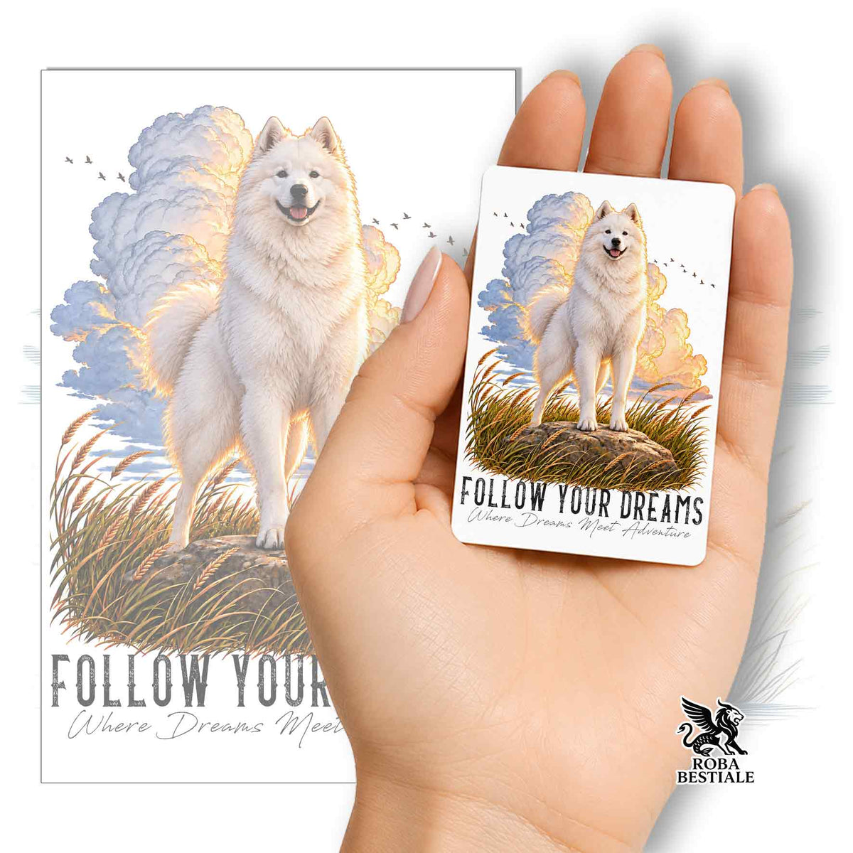 Calamita con cane bianco e scritta FOLLOW YOUR DREAMS su card