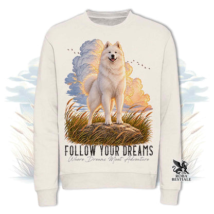 Felpa girocollo color panna con stampa cane e scritta «Follow Your Dreams»