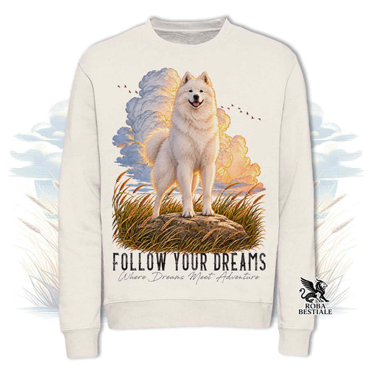 Felpa girocollo color panna con stampa cane e scritta «Follow Your Dreams»