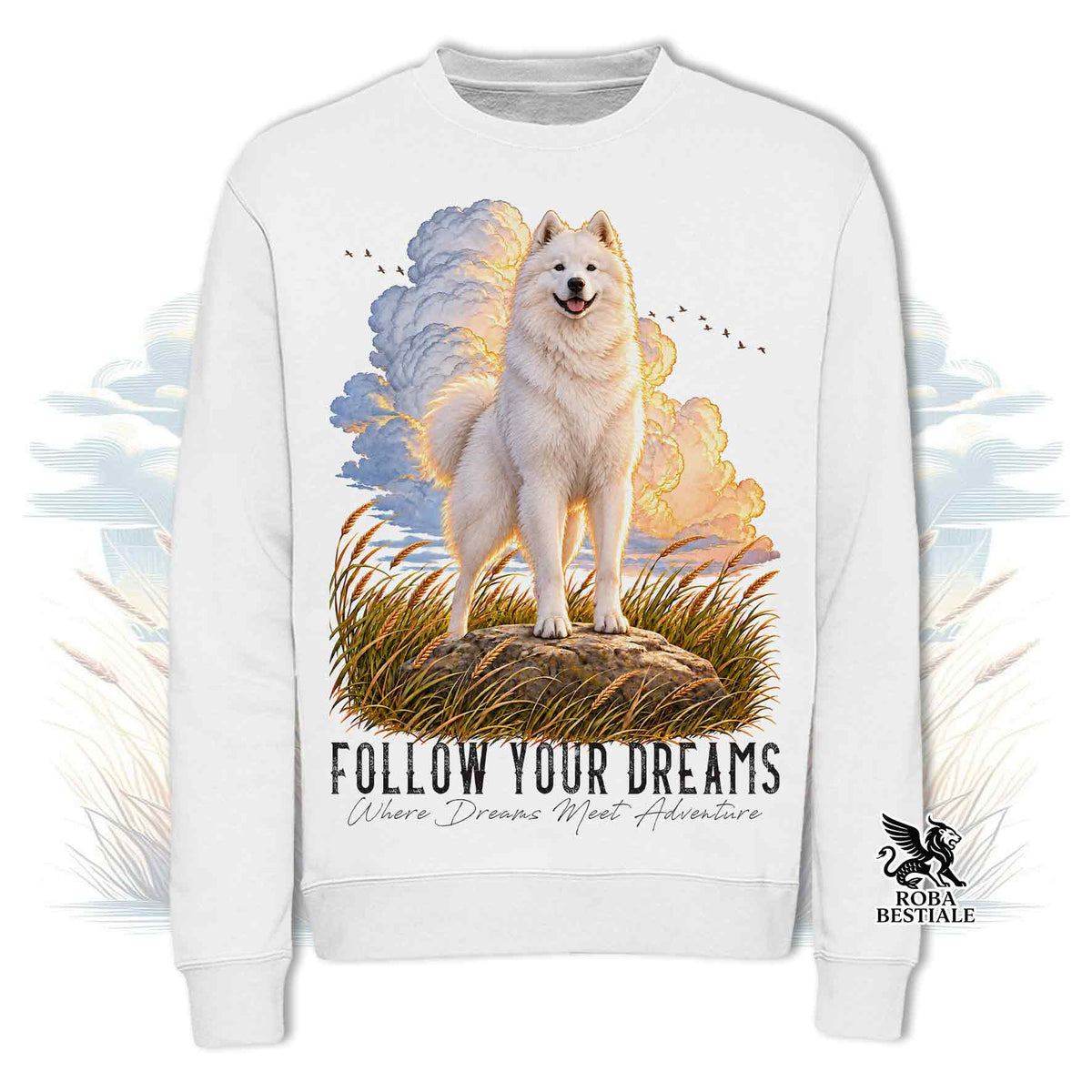 Felpa girocollo bianca con stampa cane e scritta «Follow Your Dreams»