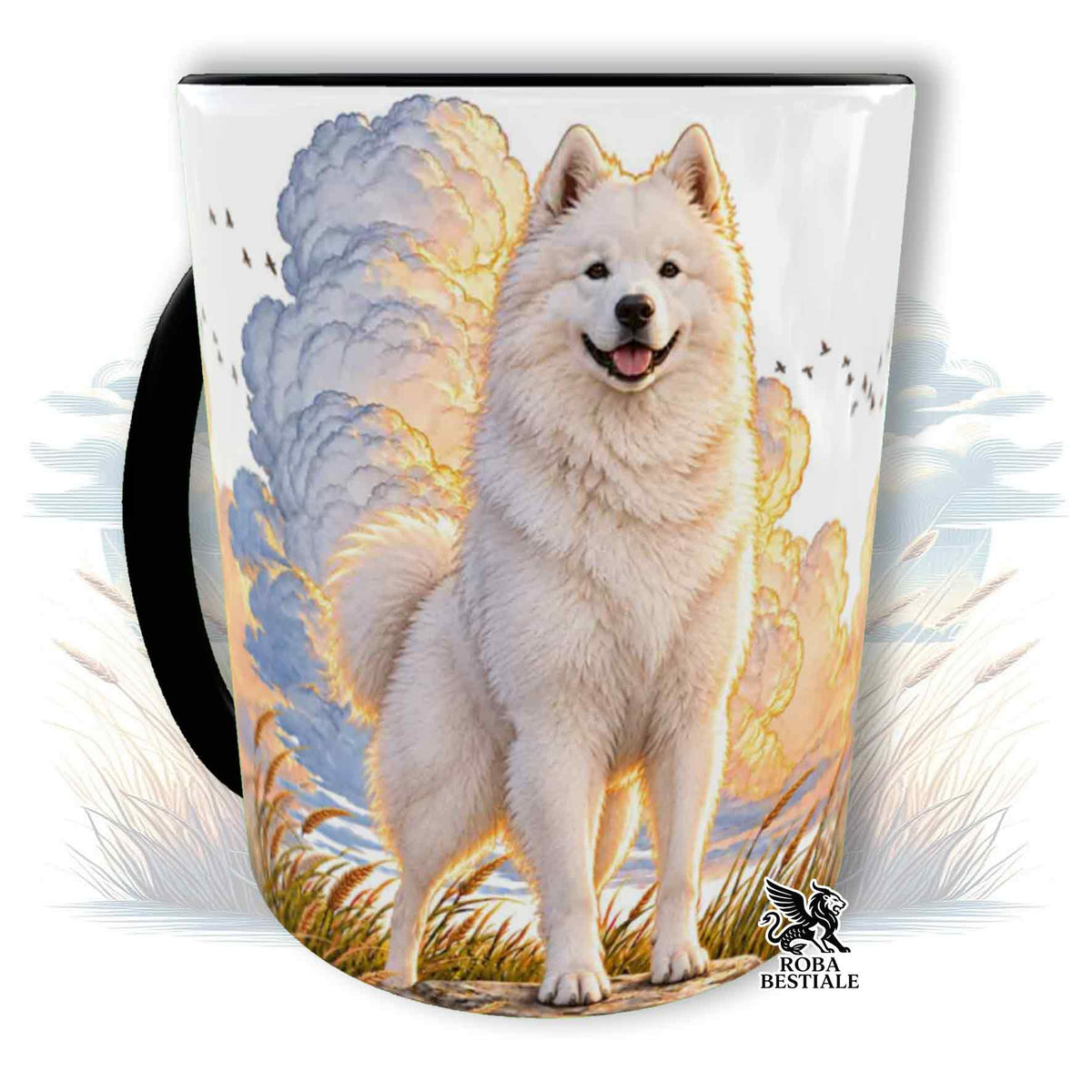 Tazza bianca con stampa cane bianco e nuvole colorate, logo ROBA BESTIALE