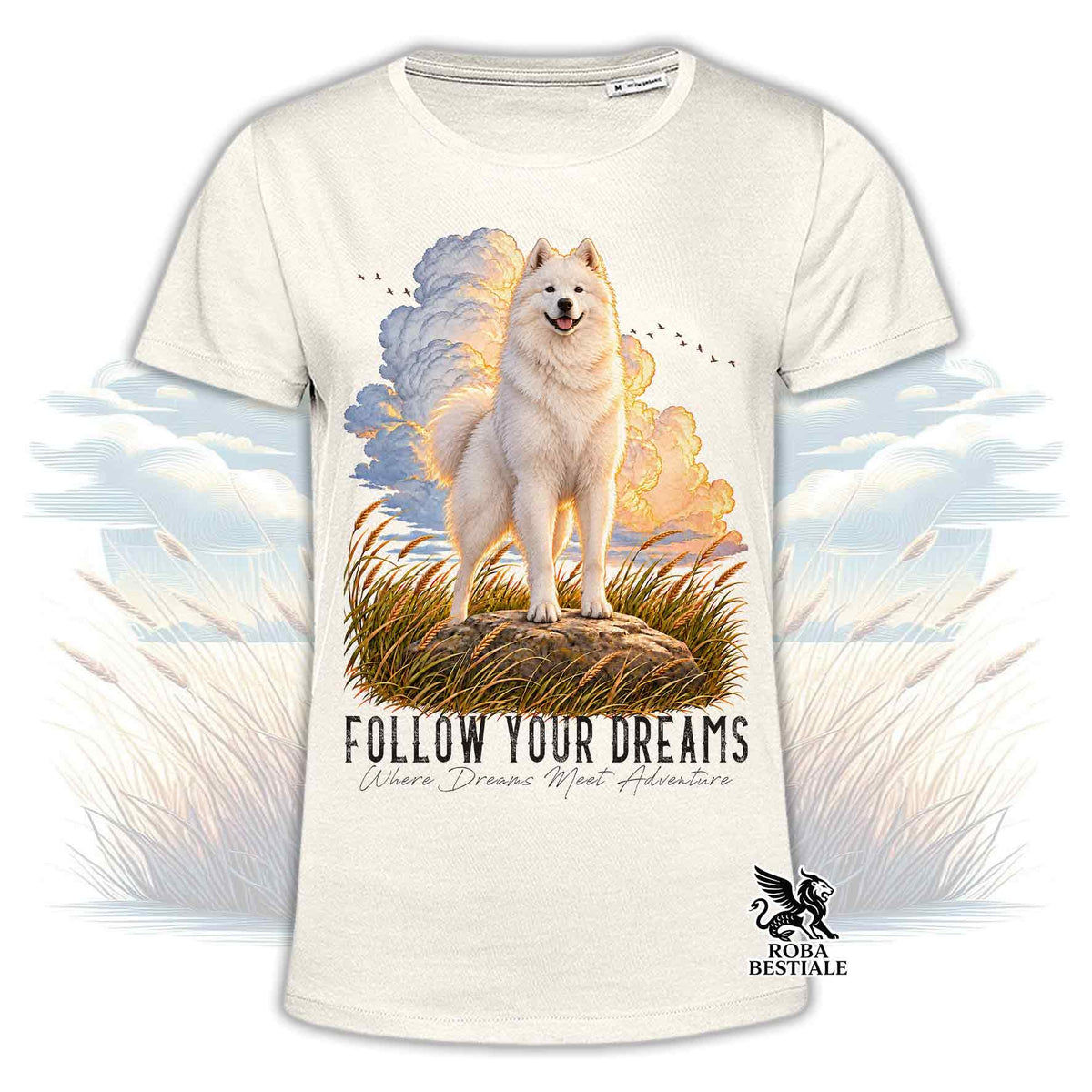 Maglietta beige con stampa cane, nuvole e scritta “FOLLOW YOUR DREAMS”