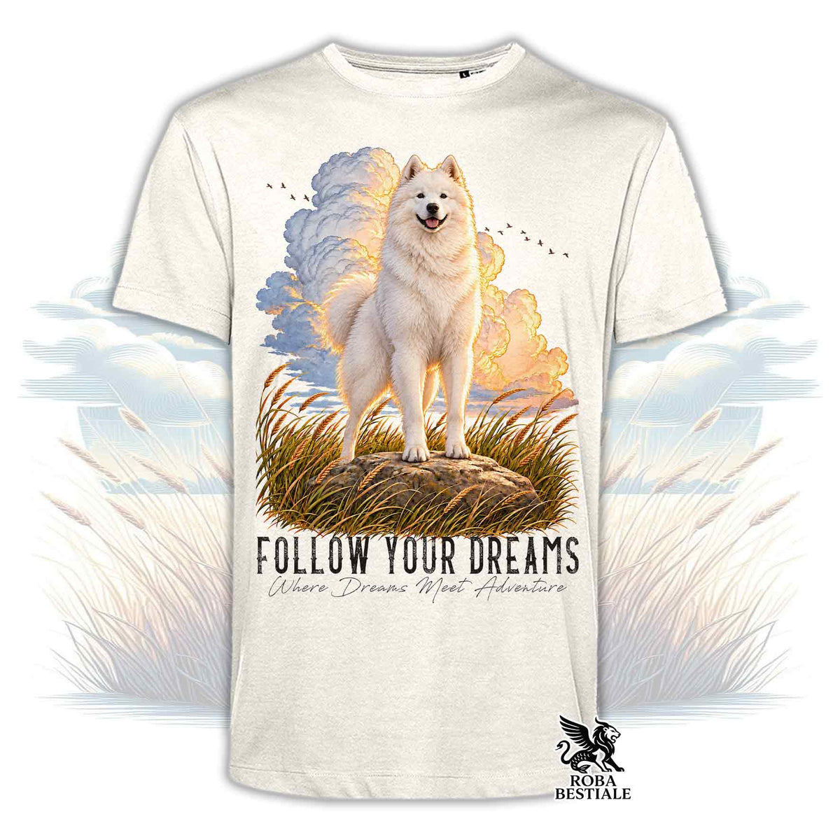 Maglietta color crema con stampa cane e scritta “FOLLOW YOUR DREAMS”