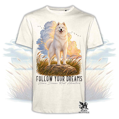 Maglietta color crema con stampa cane e scritta “FOLLOW YOUR DREAMS”