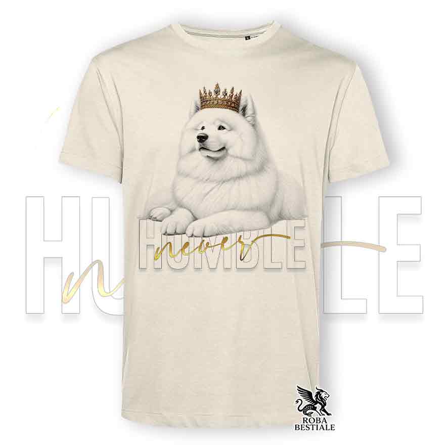T-shirt stampata con un Samoiedo, colore beige con grafica Never Humble