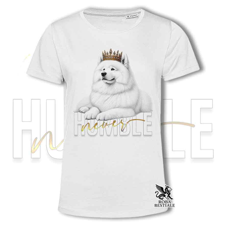 T-shirt stampata con un Samoiedo, colore bianco con grafica Never Humble