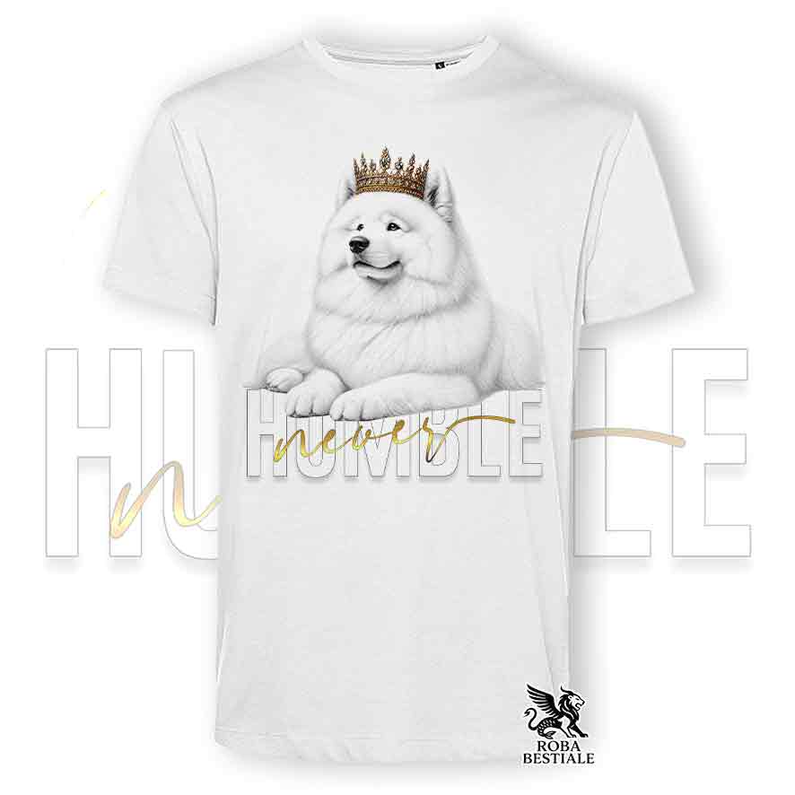 T-shirt stampata con un Samoiedo, colore bianco con grafica Never Humble