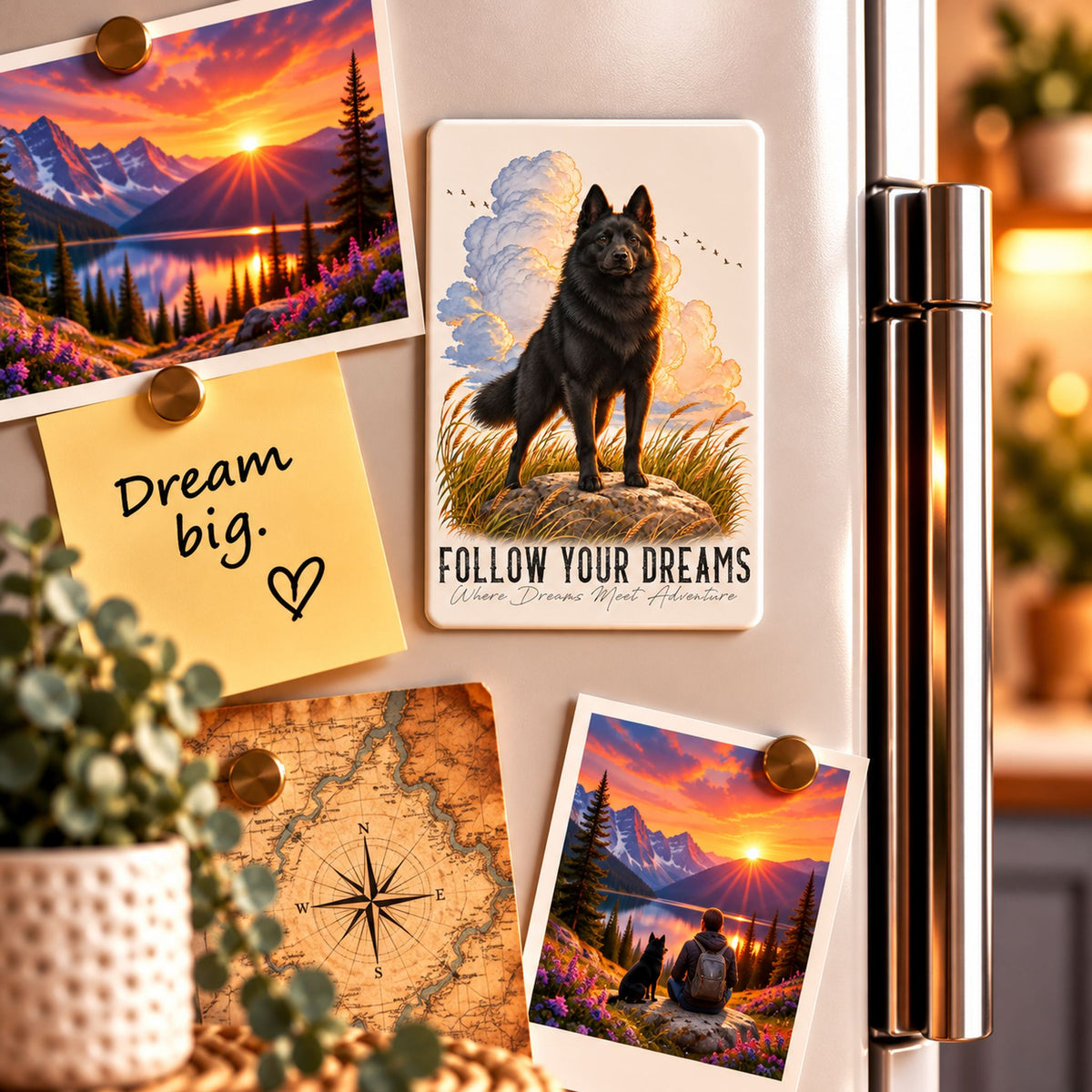 Calamita Dream con Schipperke nero su porta, con scritta “FOLLOW YOUR DREAMS”.