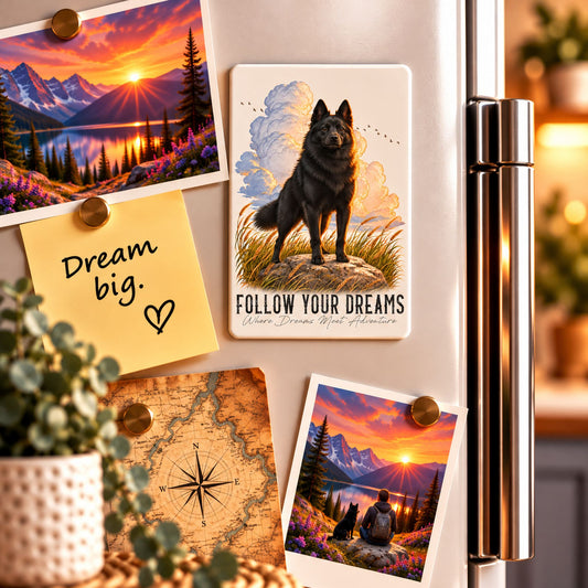 Calamita Dream con Schipperke nero su porta, con scritta “FOLLOW YOUR DREAMS”.
