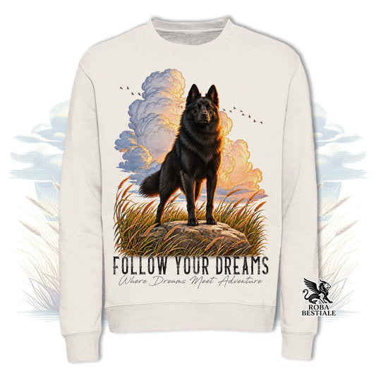 Felpa girocollo bianca con stampa cane e scritta FOLLOW YOUR DREAMS