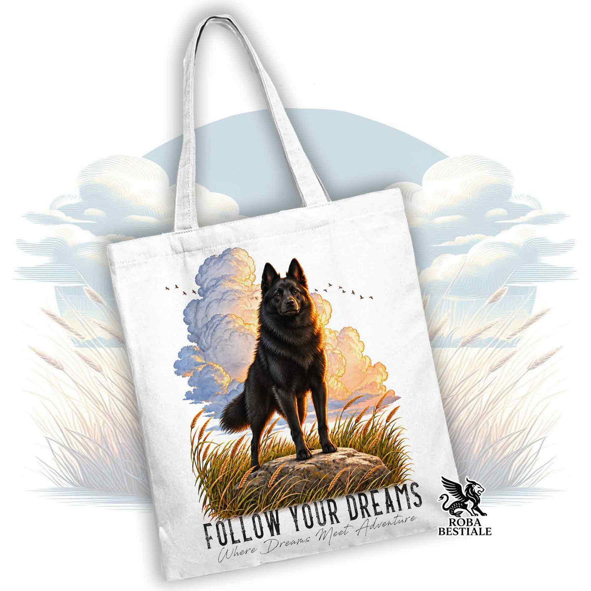 Tote in tela bianca con stampa cane e scritta “FOLLOW YOUR DREAMS”.