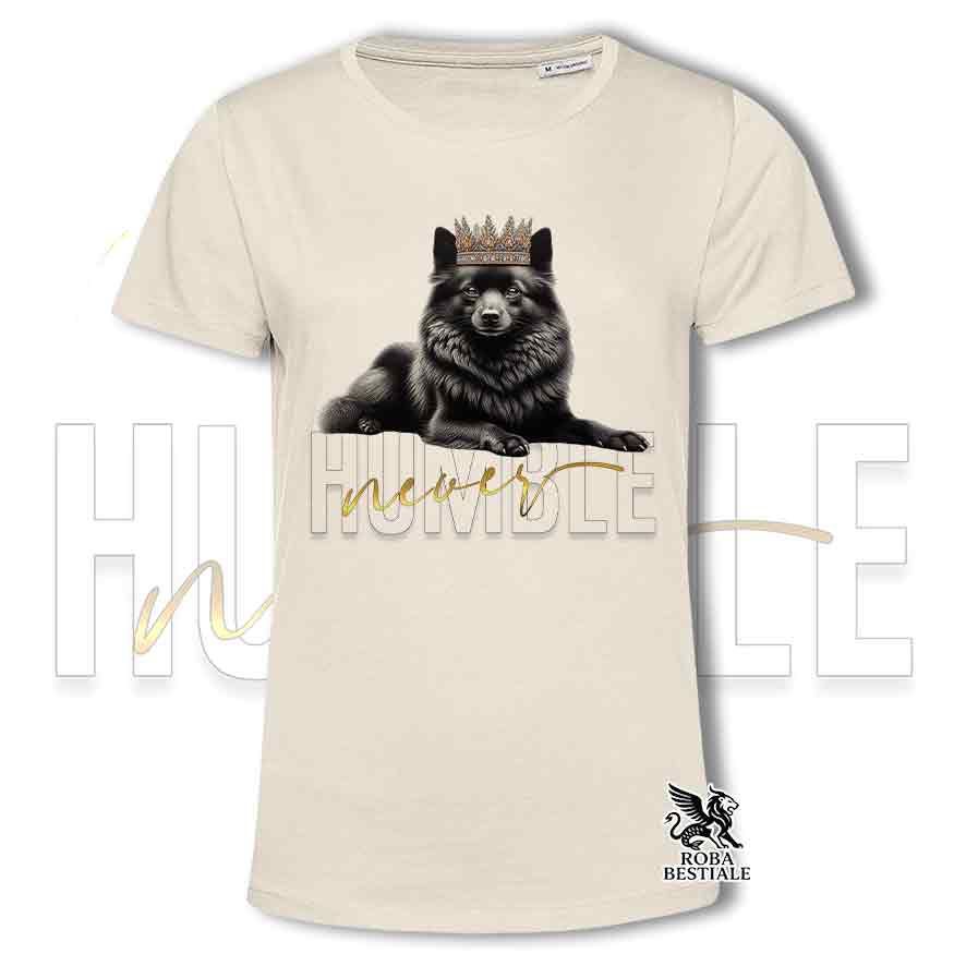 T-shirt stampata con uno Schipperke, colore beige con grafica Never Humble