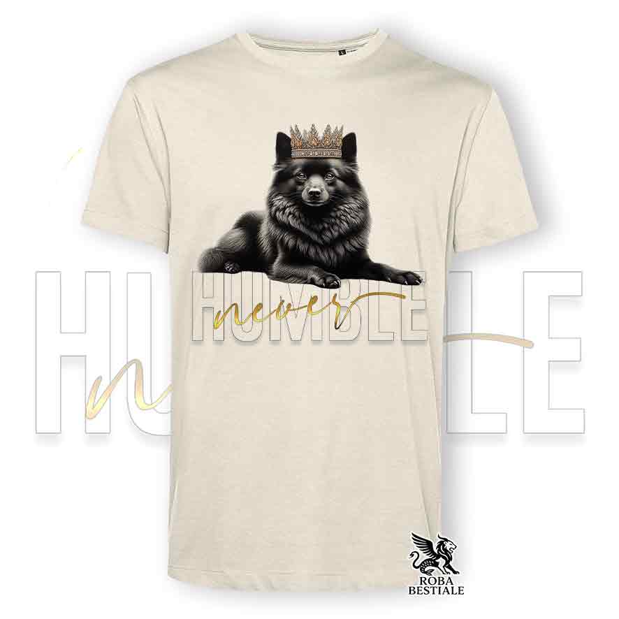 T-shirt stampata con uno Schipperke, colore beige con grafica Never Humble