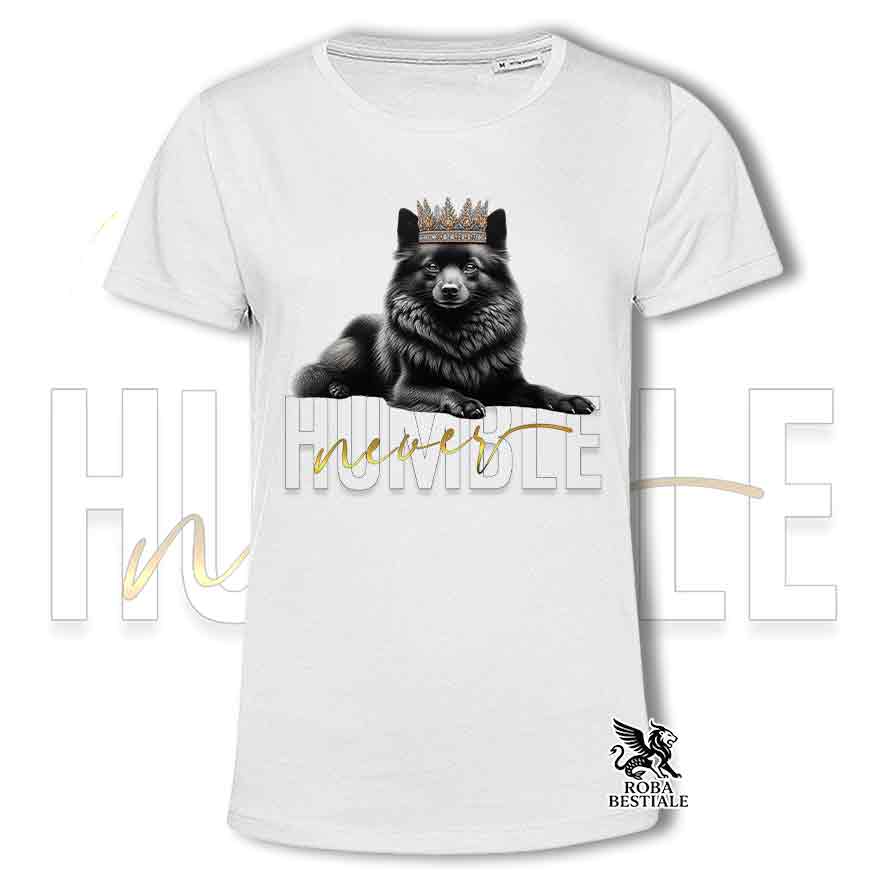 T-shirt stampata con uno Schipperke, colore bianco con grafica Never Humble