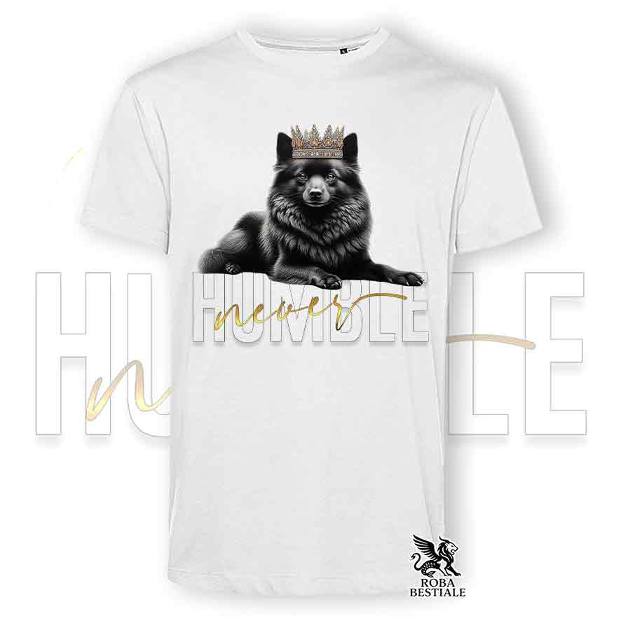 T-shirt stampata con uno Schipperke, colore bianco con grafica Never Humble