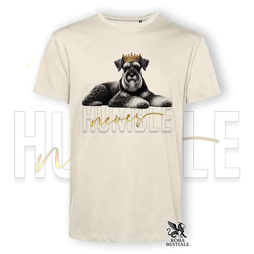 T-shirt stampata con uno Schnauzer Gigante, colore beige con grafica Never Humble
