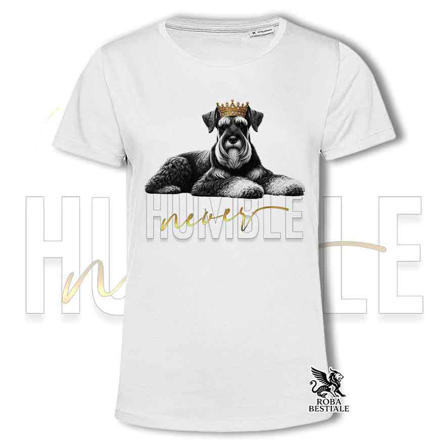 T-shirt stampata con uno Schnauzer Gigante, colore bianco con grafica Never Humble