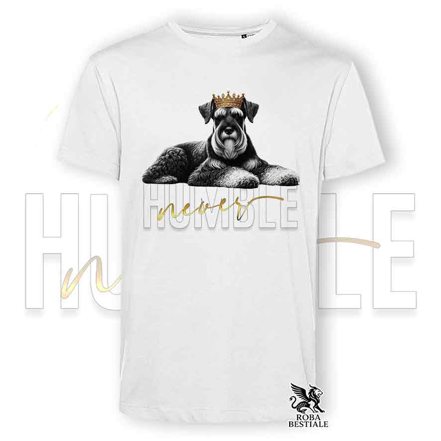 T-shirt stampata con uno Schnauzer Gigante, colore bianco con grafica Never Humble