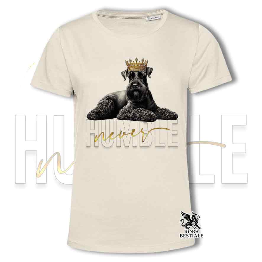 T-shirt stampata con uno Schnauzer Gigante, colore beige con grafica Never Humble