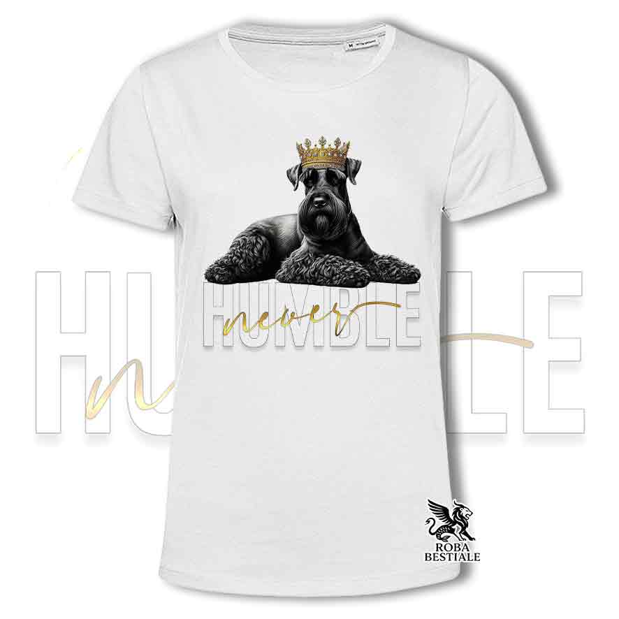 T-shirt stampata con uno Schnauzer Gigante, colore bianco con grafica Never Humble