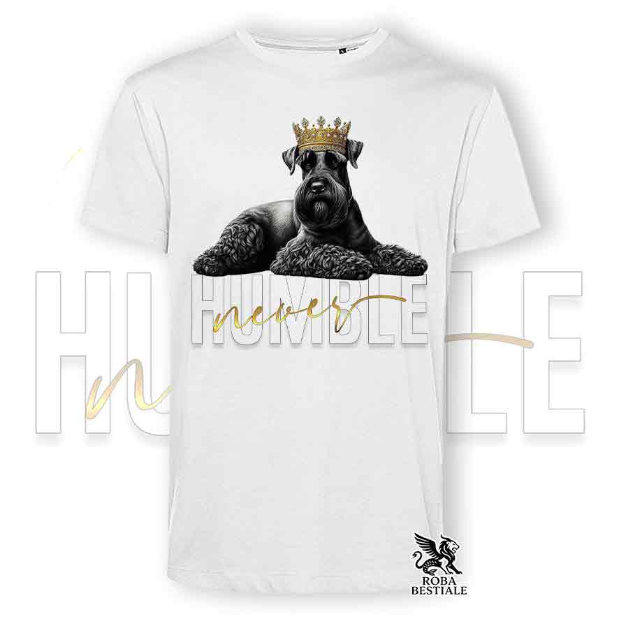 T-shirt stampata con uno Schnauzer Gigante, colore bianco con grafica Never Humble
