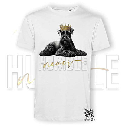T-shirt stampata con uno Schnauzer Gigante, colore bianco con grafica Never Humble