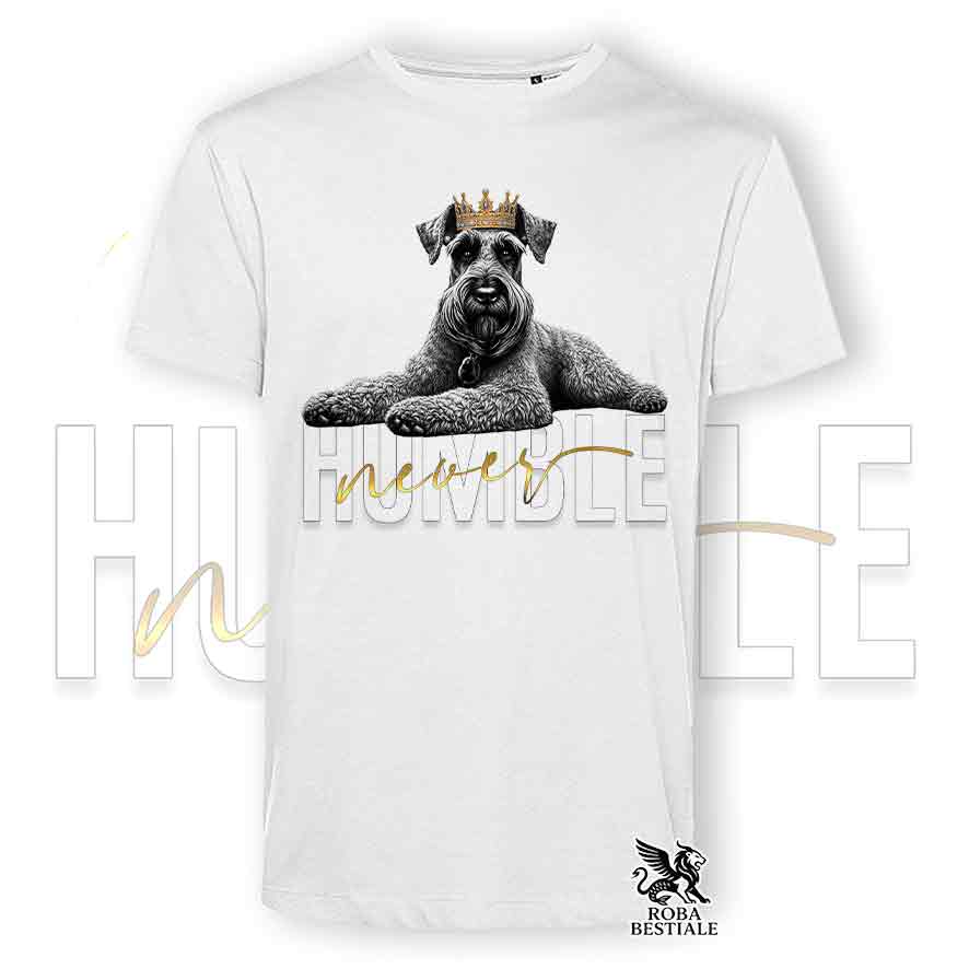 T-shirt stampata con un Schnauzer Gigante, colore bianco con grafica Never Humble