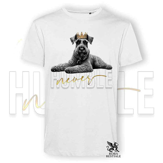 T-shirt stampata con un Schnauzer Gigante, colore bianco con grafica Never Humble