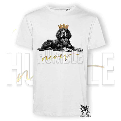 T-shirt bianca stampata con un Setter Gordon con grafica Never Humble