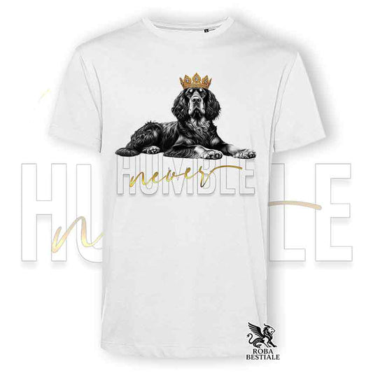 T-shirt bianca stampata con un Setter Gordon con grafica Never Humble