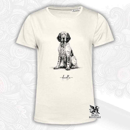 T-shirt beige stampata con un Setter Inglese, grafica Doodle