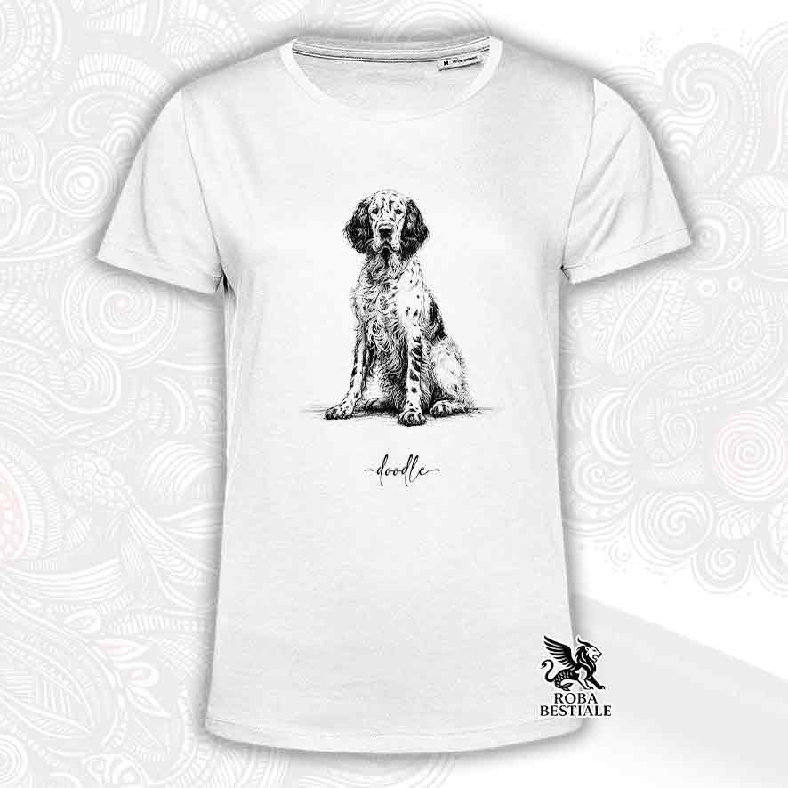 T-shirt bianca stampata con un Setter Inglese, grafica Doodle