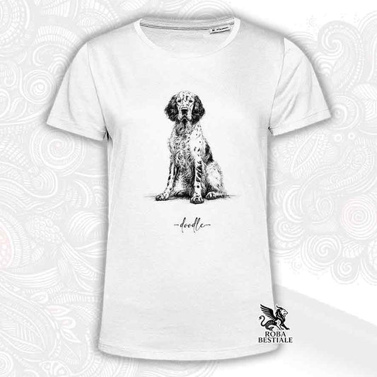 T-shirt bianca stampata con un Setter Inglese, grafica Doodle