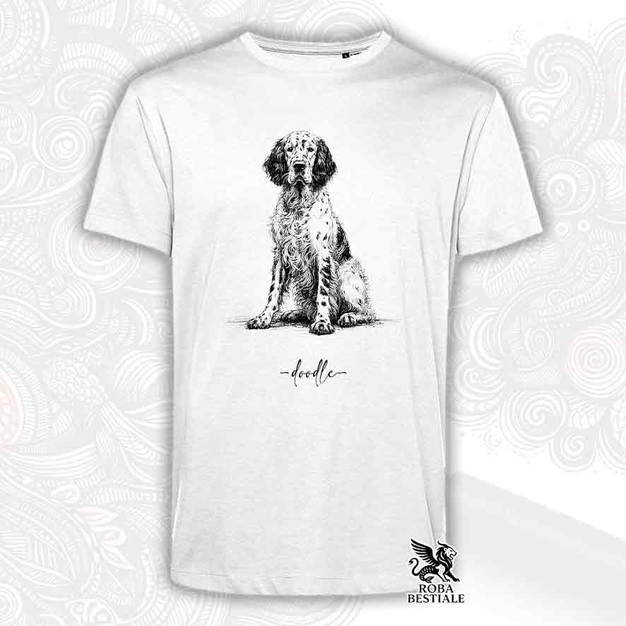 T-shirt bianca stampata con un Setter Inglese, grafica Doodle