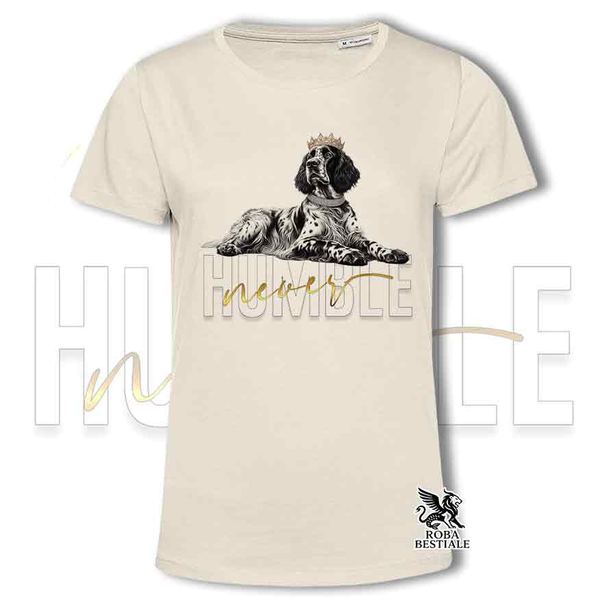 T-shirt beige stampata con un Setter Inglese, grafica Never Humble