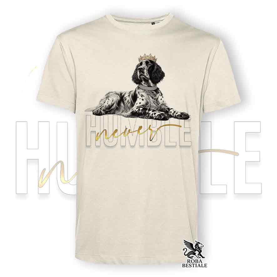 T-shirt beige stampata con un Setter Inglese, grafica Never Humble