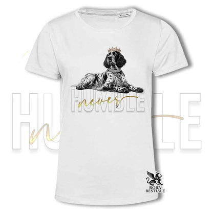 T-shirt bianca stampata con un Setter Inglese, grafica Never Humble