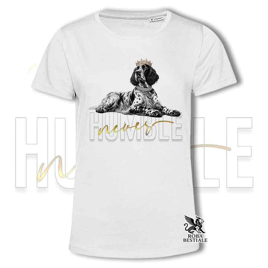 T-shirt bianca stampata con un Setter Inglese, grafica Never Humble