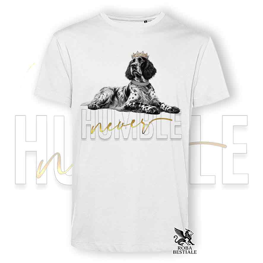 T-shirt bianca stampata con un Setter Inglese, grafica Never Humble