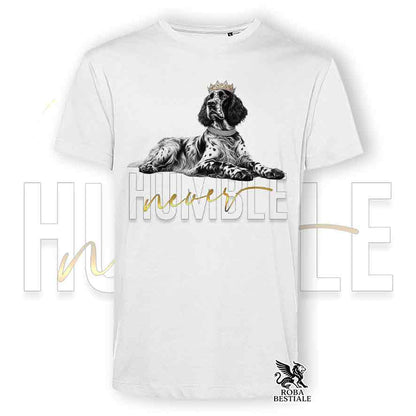 T-shirt bianca stampata con un Setter Inglese, grafica Never Humble