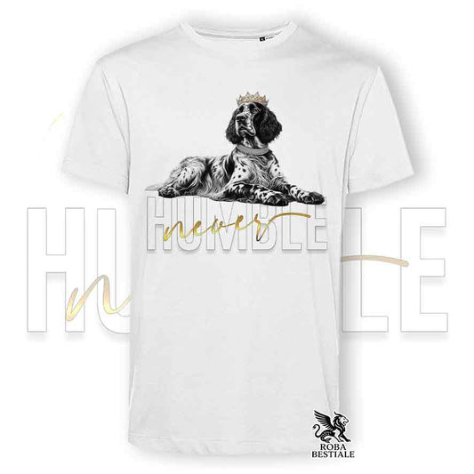 T-shirt bianca stampata con un Setter Inglese, grafica Never Humble