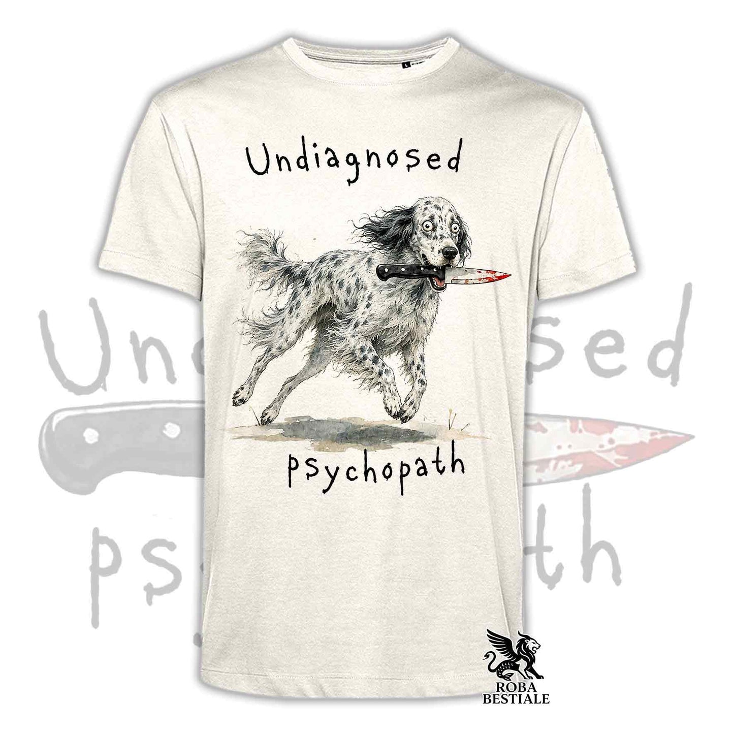 T-shirt beige stampata con un Setter Inglese che tiene un coltello tra i denti. Grafica originale Roba Bestiale, collezione Psychopath