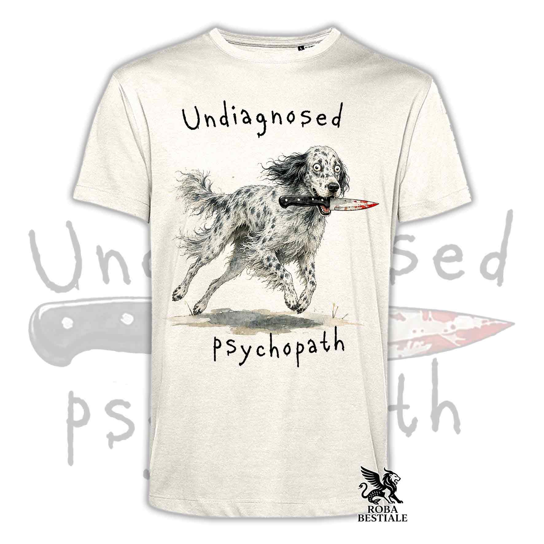 T-shirt beige stampata con un Setter Inglese che tiene un coltello tra i denti. Grafica originale Roba Bestiale, collezione Psychopath