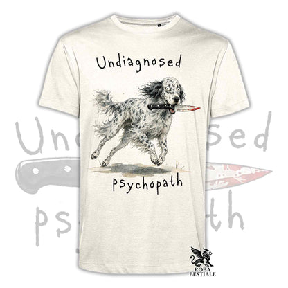 T-shirt beige stampata con un Setter Inglese che tiene un coltello tra i denti. Grafica originale Roba Bestiale, collezione Psychopath