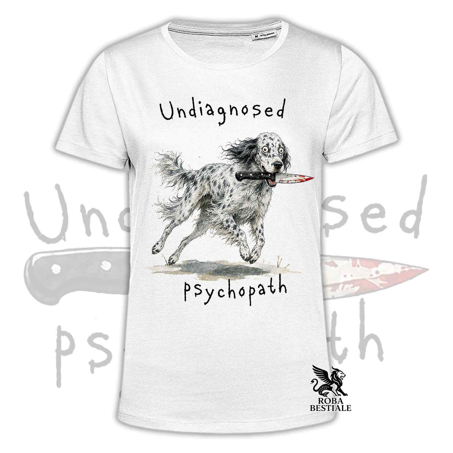 T-shirt bianca stampata con un Setter Inglese che tiene un coltello tra i denti. Grafica originale Roba Bestiale, collezione Psychopath